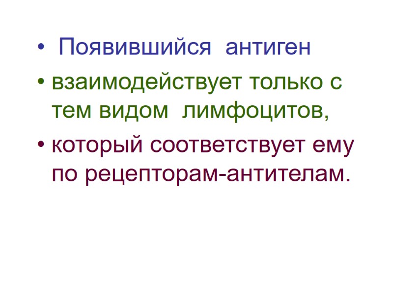 Появившийся  антиген  взаимодействует только с  тем видом  лимфоцитов,  который